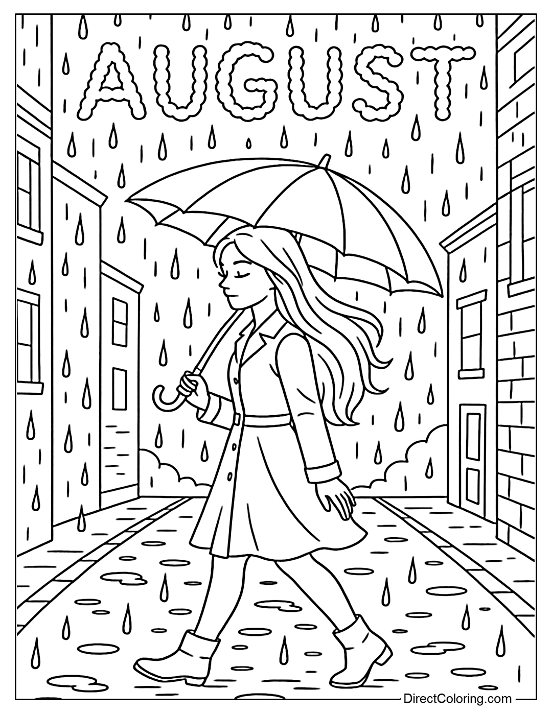 Coloring page of a beautiful long-haired girl holding an umbrella walking through a small street, raindrops randomly forming 